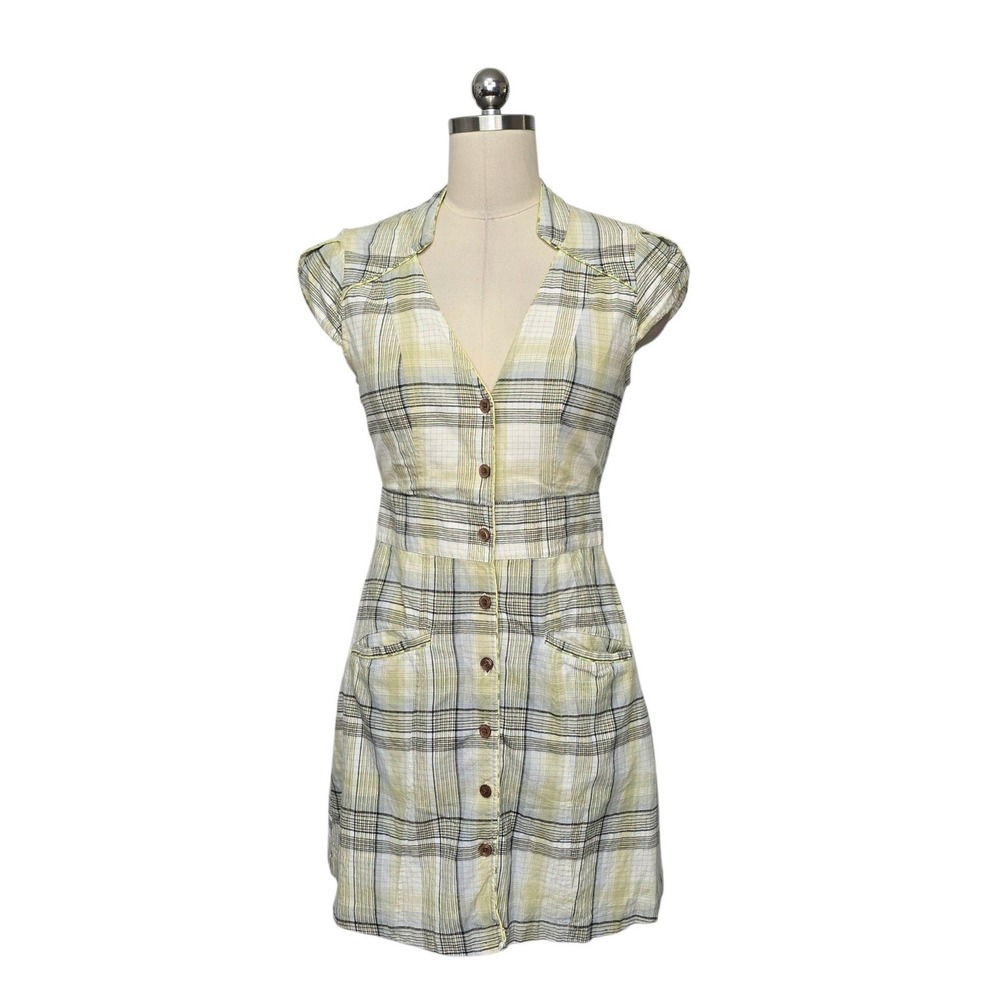 Vintage Free People Yellow Plaid Cotton Gauze Button Front Mini Dress Size 4